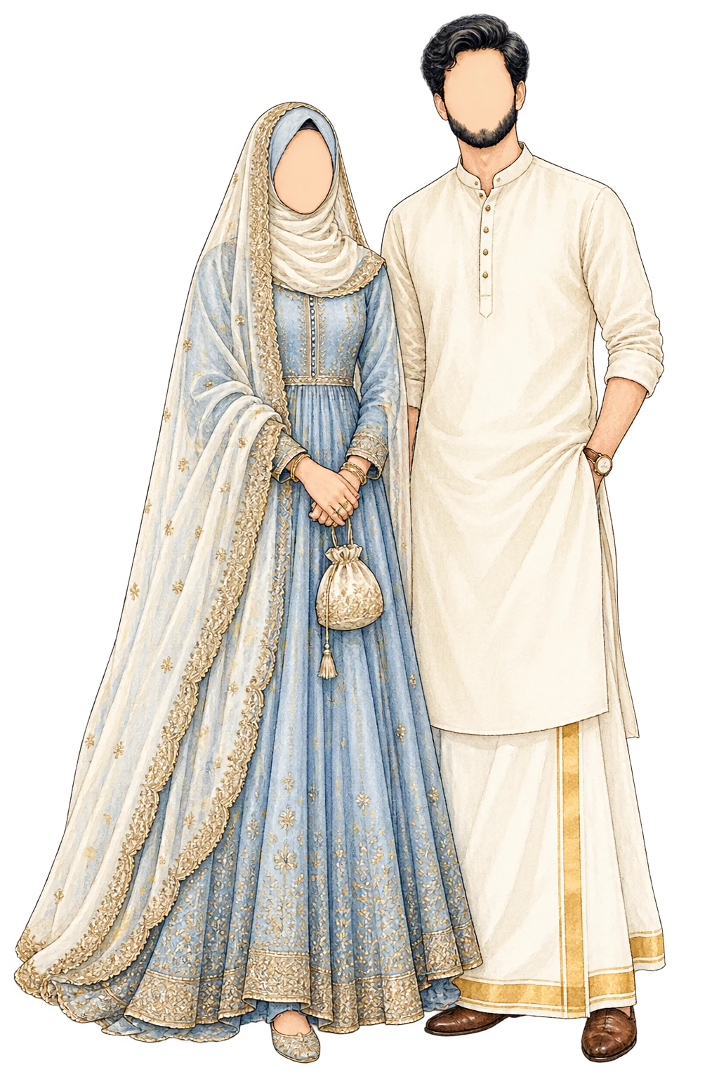 Fashion illustration of modest Malabar wedding attire
