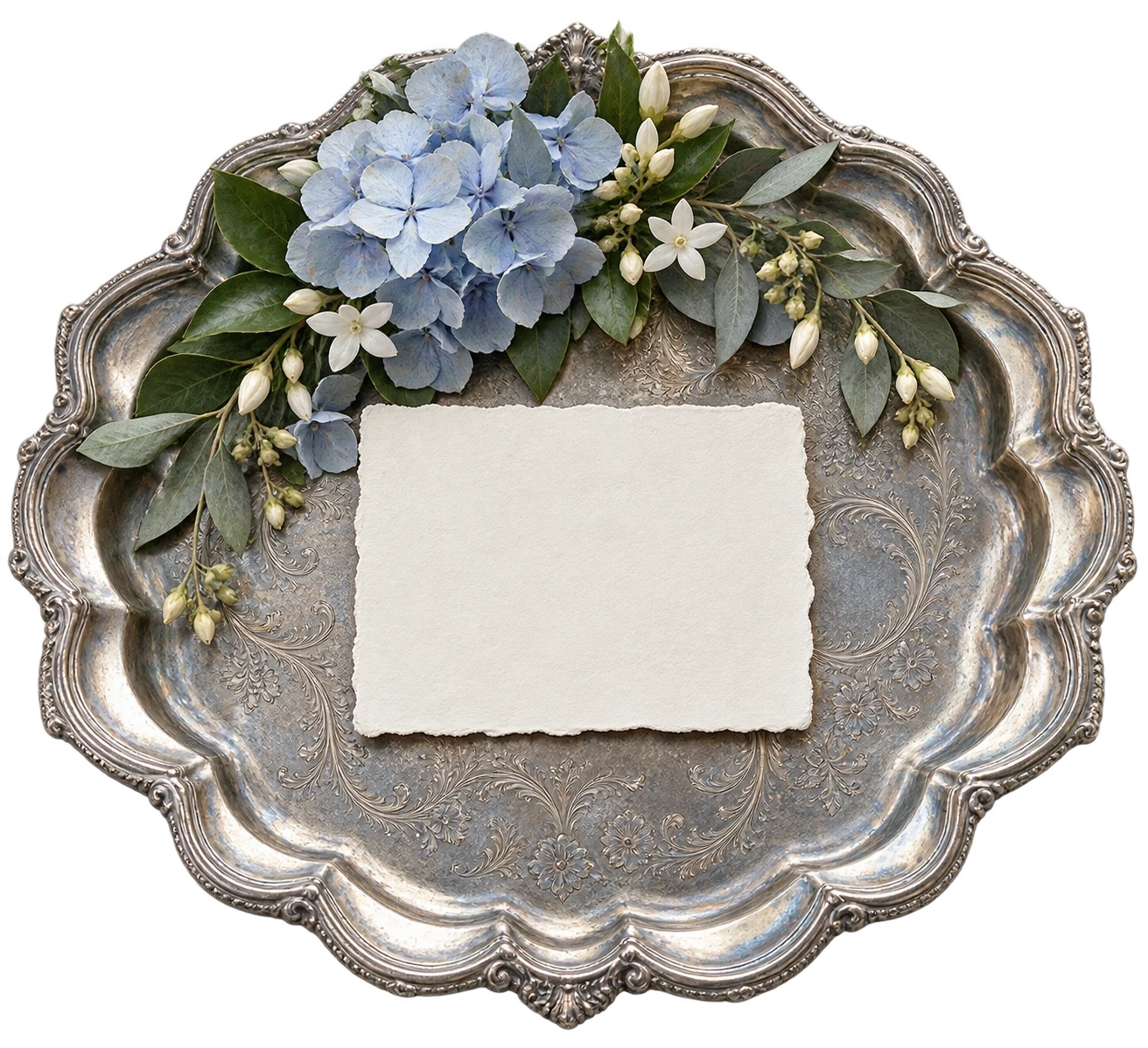 Antique silver tray adorned with blue flowers